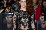 Kristen Stewart, com Robert Pattinson, divulga 'Amanhecer' em novo look rendado
