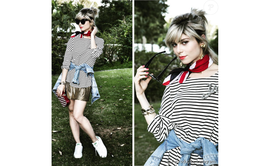 O estilo navy ganhou um toque moderno com a saia dourada e blusa jeans amarrada. A clutch de bolinhas em madeira esmaltada é da Serpui e custa R$1.989