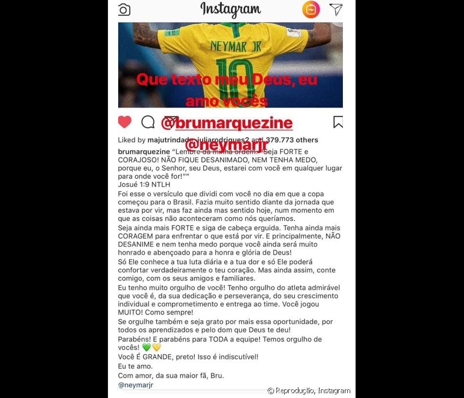 Texto de Bruna Marquezine a Neymar após derrota na Copa volta a