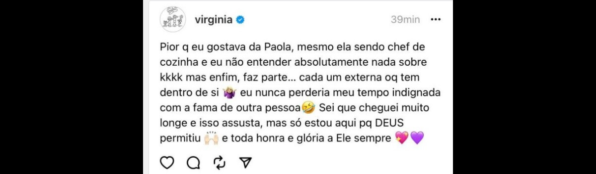 Foto Virginia Fonseca alfinetou Paola Carosella após suposta cutucada