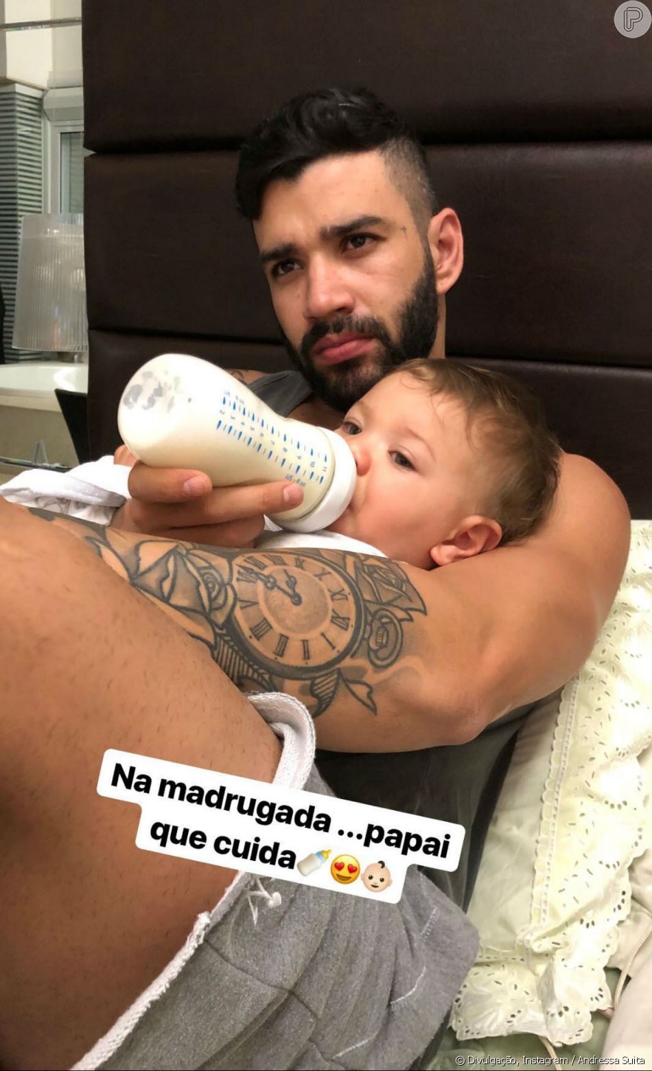 Andressa Suita mostrou o marido, Gusttavo Lima, dando mamadeira para o filho, Gabriel, na madrugada desta sexta-feira, 8 de junho de 2018