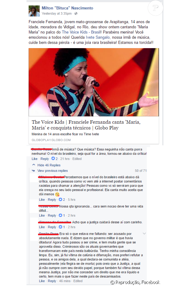 Participante do 'The Voice Kids' é alvo de ataque racista na web