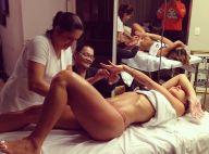 Sabrina Sato usa somente a parte de baixo do biquíni em dia de beleza