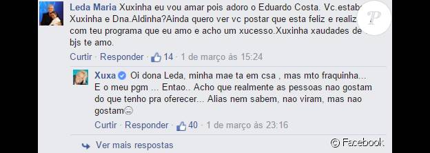 Xuxa comentou o delicado estado de saúde da mãe, Alda Meneghel, e rebateu, novamente, críticas ao seu programa na TV Record