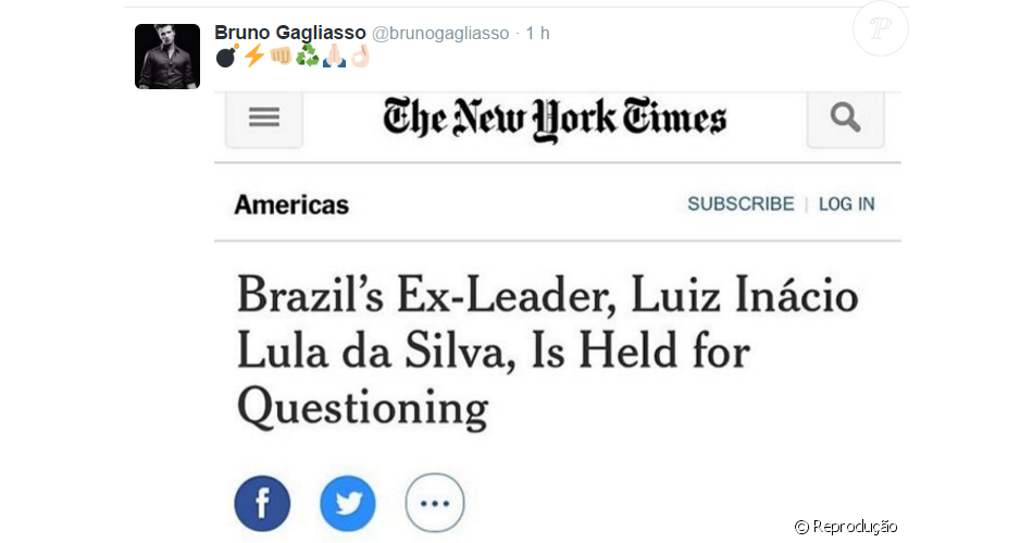 Publicação feita pelo ator Bruno Gagliasso em seu Twitter