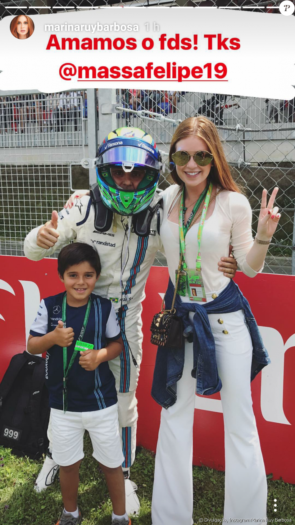 Marina Ruy Barbosa posa com o piloto Felipe Massa e o filho dele