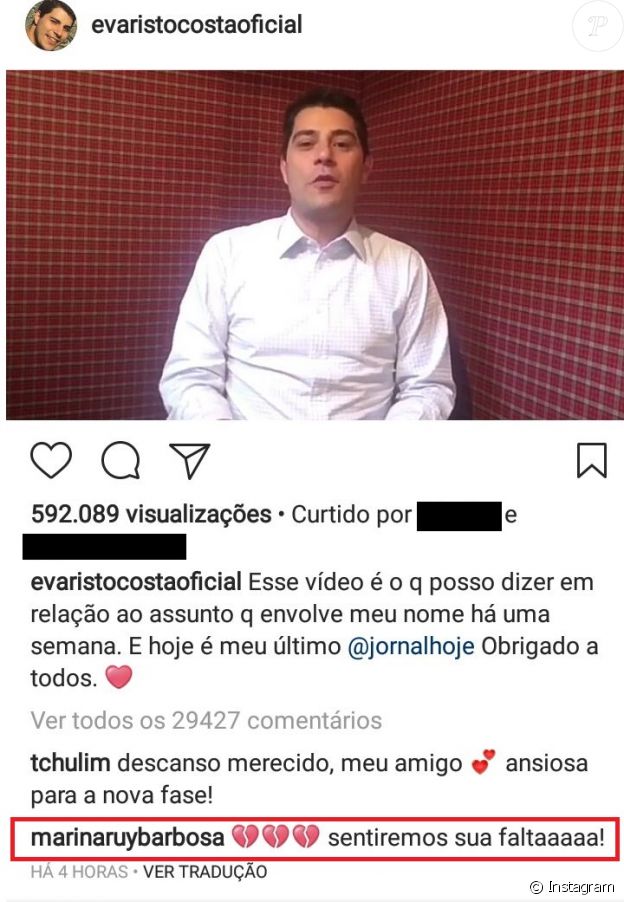 Marina Ruy Barbosa lamentou a saída de Evaristo do 'Jornal Hoje' no Instagram nesta quinta-feira, 27 de julho de 2017
