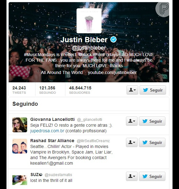 Giovanna Lancellotti é uma das 121.356 pessoas que Justin Bieber segue no Twitter