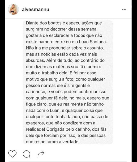 'Não existe namoro entre eu e Luan Santana', escreveu Manoela Alves em post apagado algum tempo depois