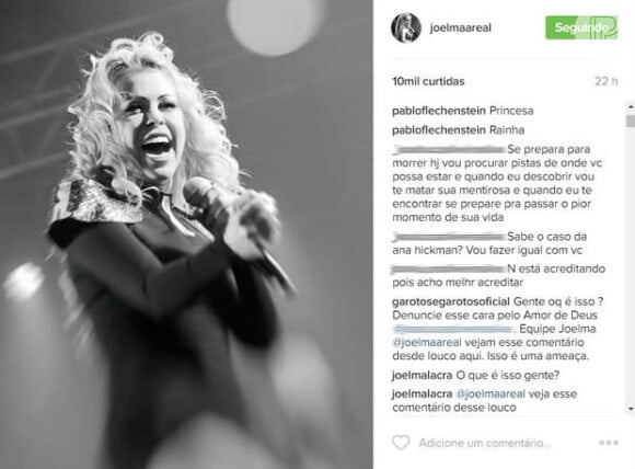 Em uma imagem publicada por Natália Saraff, filha mais velha de Joelma, é possível ver as ameças do internauta em seu perfil do Instagram