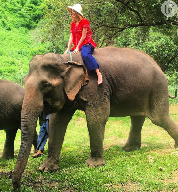 Mariana Ruy Barbosa anda em cima de elefante durante passeio em viagem à Tailândia