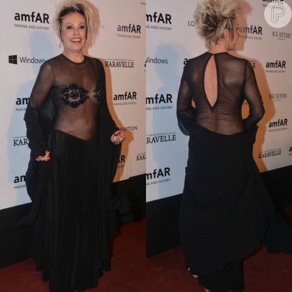 Ana Maria Braga usou vestido transparente apenas com pedrarias bordadas nos seios em baile da amfAR