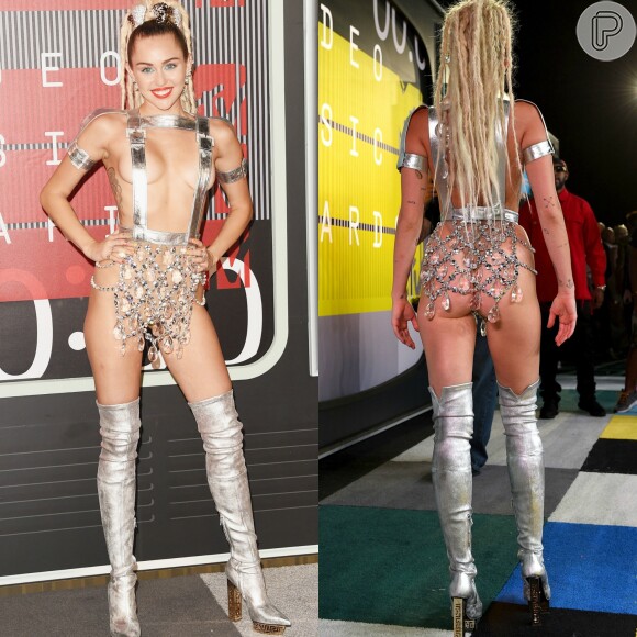 Miley Cyrus ama causar! A cantora chegou ao Video Music Awards vestindo somente um suspensório, que tampava apenas os mamilos, e uma saia de material transparente