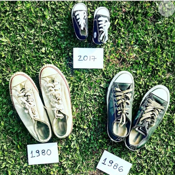 Rafa Brites anunciou a gravidez com um post no Instagram com os pares de tênis seus, dos maridos e dos filhos