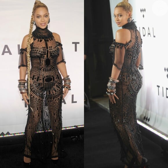 Ousadia e sensualidade! Beyoncé foi ao Tidal X: 1015, evento beneficente, com vestido transparente cheio de pedrarias em áreas estratégicas do corpo, no dia 15 de outubro de 2016