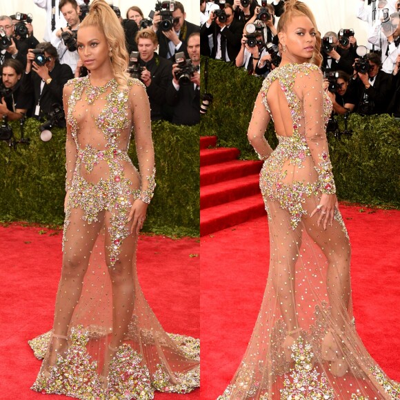 No Met Gala 2015, Beyoncé foi o centro das atenções com seu vestido Givenchy cobrindo apenas algumas partes do corpo com aplicações de cristais