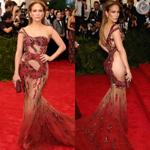Jennifer Lopez já usou modelito Versace todo vazado e com pedrarias para comparecer a evento de gala