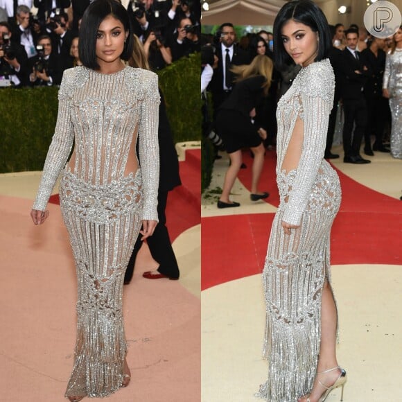 Kylie Jenner ousou com vestido Balmain repleto de cristais e transparências no Met Gala 2016