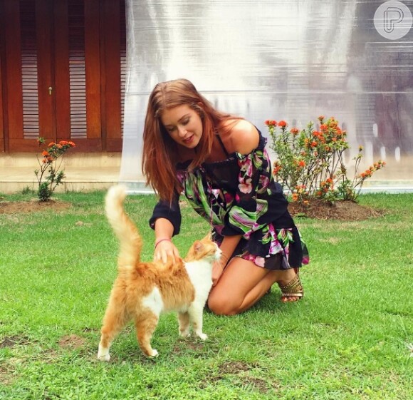 Marina Ruy Barbosa publicou uma foto na qual aparece brincando com um gato durante viagem à Bahia
