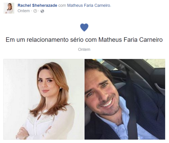 Rachel Sheherazade assumiu namoro com Matheus Carneiro, um tabelião mineiro, atualmente morando em Angra dos Reis, no Rio de Janeiro, nesta segunda-feira, 26 de dezembro de 2016