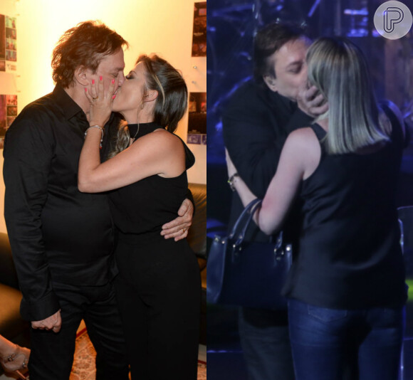 Beijoqueiro! Fábio Jr. deu um selinho em uma fã no palco de seu show (à direita) e depois encheu sua mulher de beijos (à esquerda) no camarim neste sábado, 14 de janeiro de 2017
