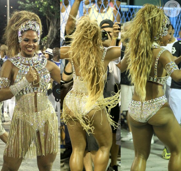 Bianca Monteiro, rainha de bateria da Portela, animou o público ao tirar parte da fantasia durante o desfile, em 12 de fevereiro de 2017