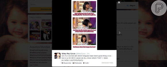 Miley Cyrus não gostou de saber que Katy Perry insinuou que teve nojo de beijá-la e alfinetou a cantora no Twitter na tarde desta quinta-feira, 6 de março de 2014