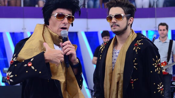 Luan Santana e Rodrigo Faro gravam programa vestidos como Elvis Presley