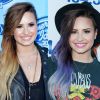 Demi Lovato mudou o visual ao adotar um ombré hair roxo e cinza. Antes, a cantora exibia californianas