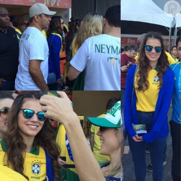 Bruna Marquezine mostrou simpatia com os fãs durante as abordagens e circulou pelo estádio com seguranças de Neymar e com o sogro, Neymar Santos (de boné)