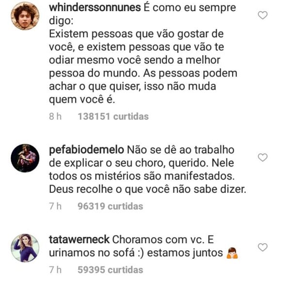 Tatá Werneck, Whindersson Nunes e outros amigos elogiam Neymar nos comentários de post