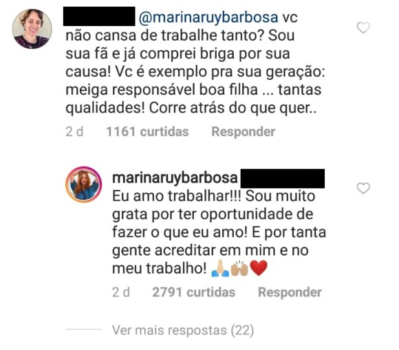 Marina Ruy Barbosa foi questionada por um fã sobre emendar trabalhos