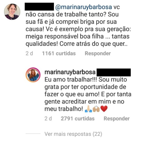 Marina Ruy Barbosa foi questionada por um fã sobre emendar trabalhos