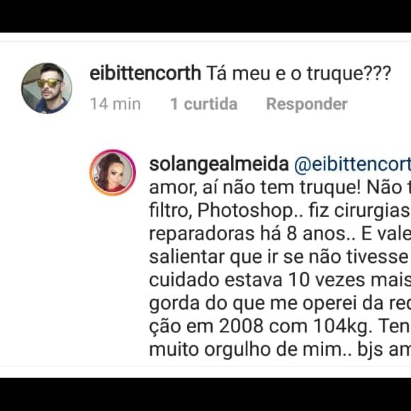 Solange Almeida rebate fã sobre truque em foto