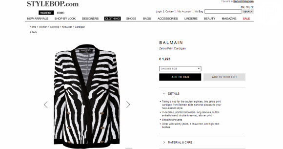 O cardiagan zebra print usado por Cameron Diaz custa cerca de R$5mil no site da Balmain
