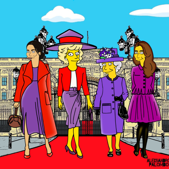Meghan Markle, Lady Di, Rainha Elizabeth II e Kate Middleton apareceram reunidas em uma das artes