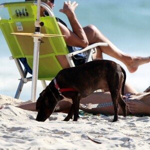 Juliana Paiva curte domingo de sol com seu cachorro na praia