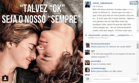 Carol Nakamura usou o Instagram para negar reconciliação com o ex-noivo, Sidney Sampaio