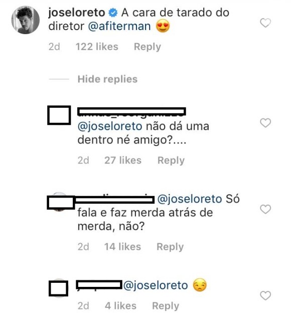José Loreto comenta em foto de Fernanda de Freitas sobre cena da novela "O Sétimo Guardião"