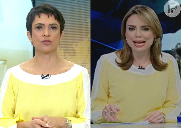 A blusa amarela com listras nas mangas foram usadas por Sandra Annenberg, da Globo, e Rachel Sheherazade, do SBT