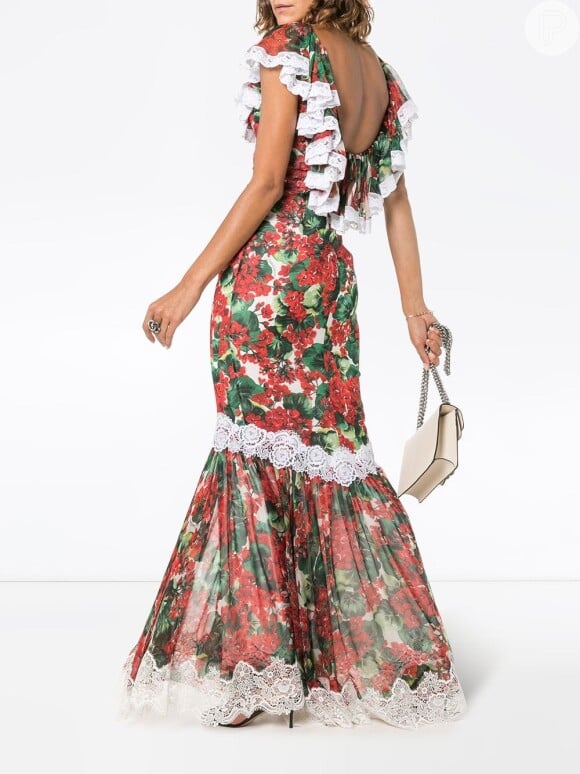 Vestido de festa online: floral com babados, da Dolce & Gabbana na Farfetch, R$ 25 mil
