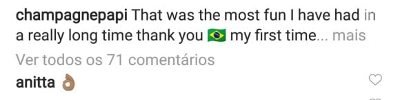 Anitta comentou a publicação de Drake sobre o show no Rock in Rio