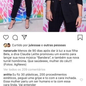 Anitta comenta em foto sobre beleza de Claudia Leitte nesta sexta-feira, dia 11 de outubro de 2019