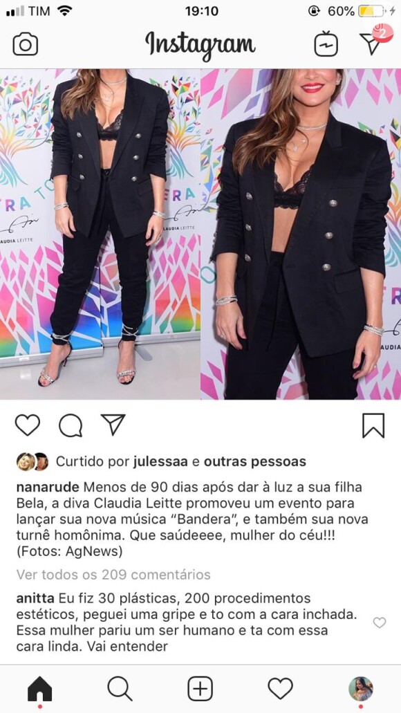 Anitta comenta em foto sobre beleza de Claudia Leitte nesta sexta-feira, dia 11 de outubro de 2019