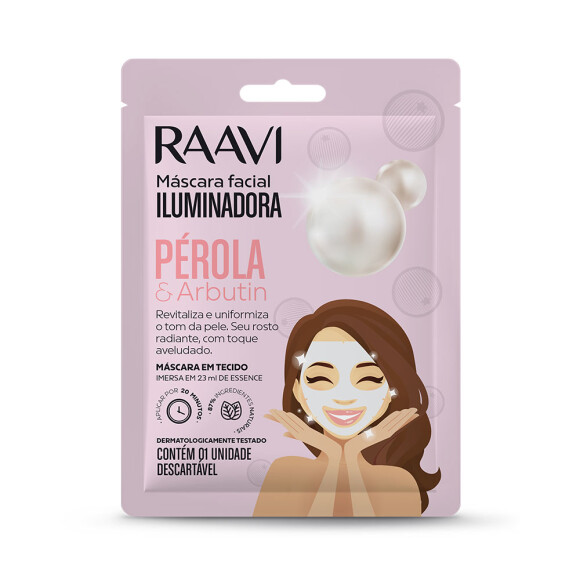 A máscara facial Pérola e Arbutin, da Raavi, é iluminadora e ajuda a reduzir a oleosidade e aparência dos poros. Custa a partir de R$12,90