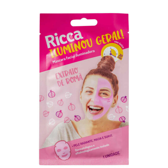 A máscara Iluminou Geral, da Ricca, tem extrato de Romã, que é rico em vitamina C, e garante a renovação e a iluminação da pele. Custa a partir de R$8,90