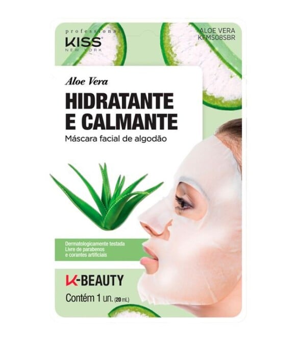 A máscara de tecido de Aloe Vera da Kiss New York tem efeito hidratante e calmante. Custa R$7,90