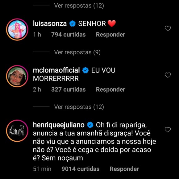 Famosos como Luísa Sonza interagem com Marília Mendonça