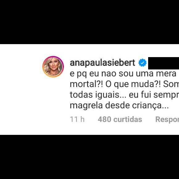 Ana Paula Siebert rebateu comentário de internauta sobre seu corpo pós-parto