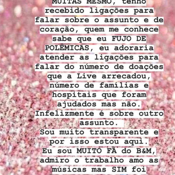 Flavia Viana se pronunciou após ser alvo de comentários inapropriados de Bruno, dupla de Marrone em live